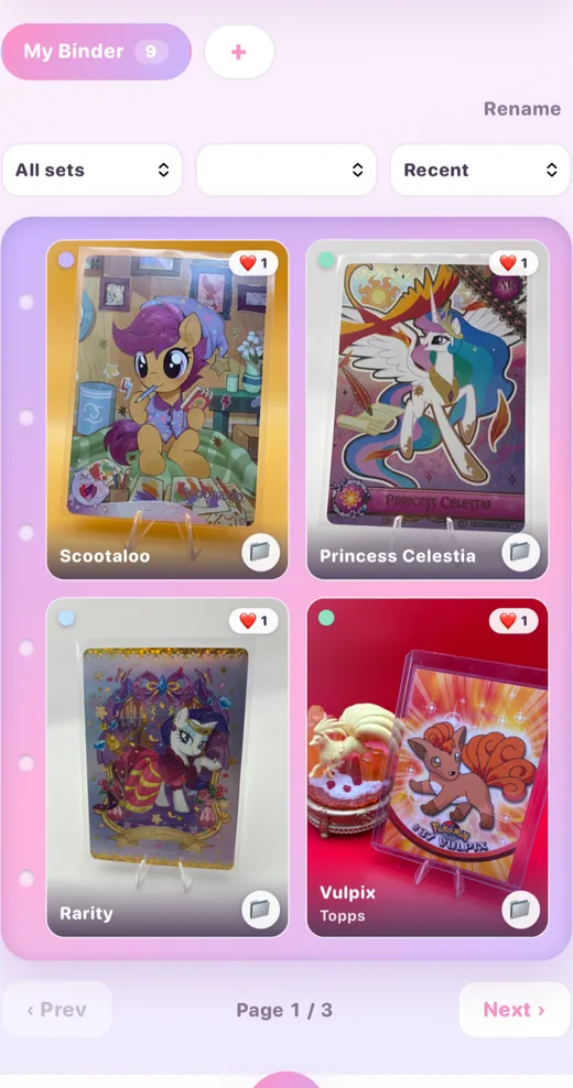 A binder page in the CardCuteCollect app, holding four cards: Scootaloo, Princess Celestia, Rarity and a Vulpix. Each one is a photo of the collector's own card.