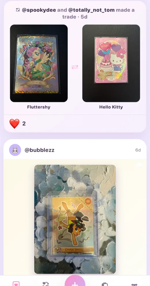 The feed in the CardCuteCollect app, showing a completed trade between two collectors and a card another collector posted.