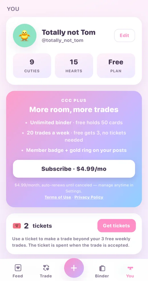 The account screen in the CardCuteCollect app, showing the free plan and what a CCC Plus subscription adds.