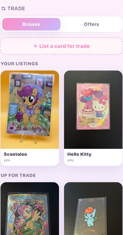 The trade screen in the CardCuteCollect app, with the collector's own two listings above and other collectors' cards up for trade below.